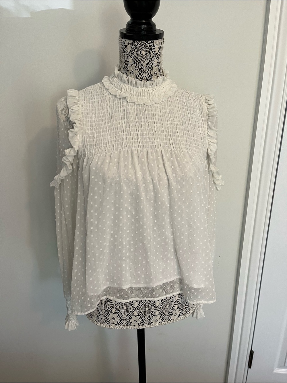 Zara White Swiss Dot Ruffle Mock Neck Sleeveless Blouse